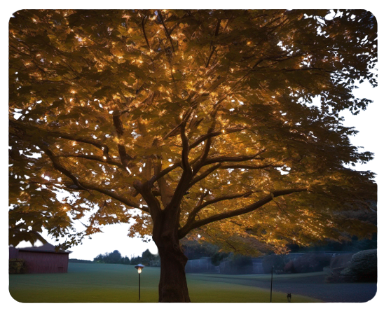Accent lights illuminating a maple tree's branches and leaves.