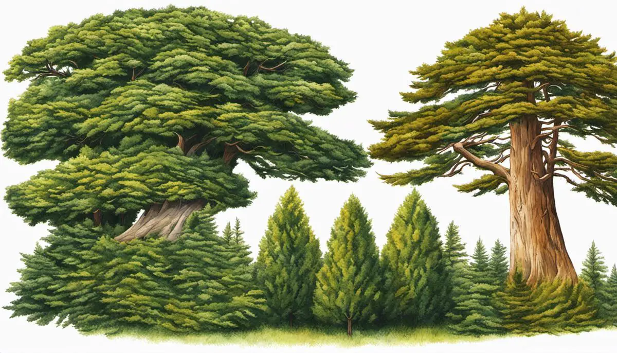 Illustration of arborvitae and cedar trees side by side, showcasing their different shapes and foliage colors