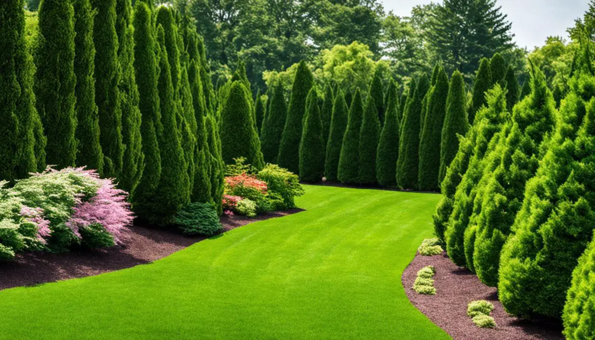 Comparison between Arborvitae and Cedar trees, showcasing their differences in size, shape, and foliage color.