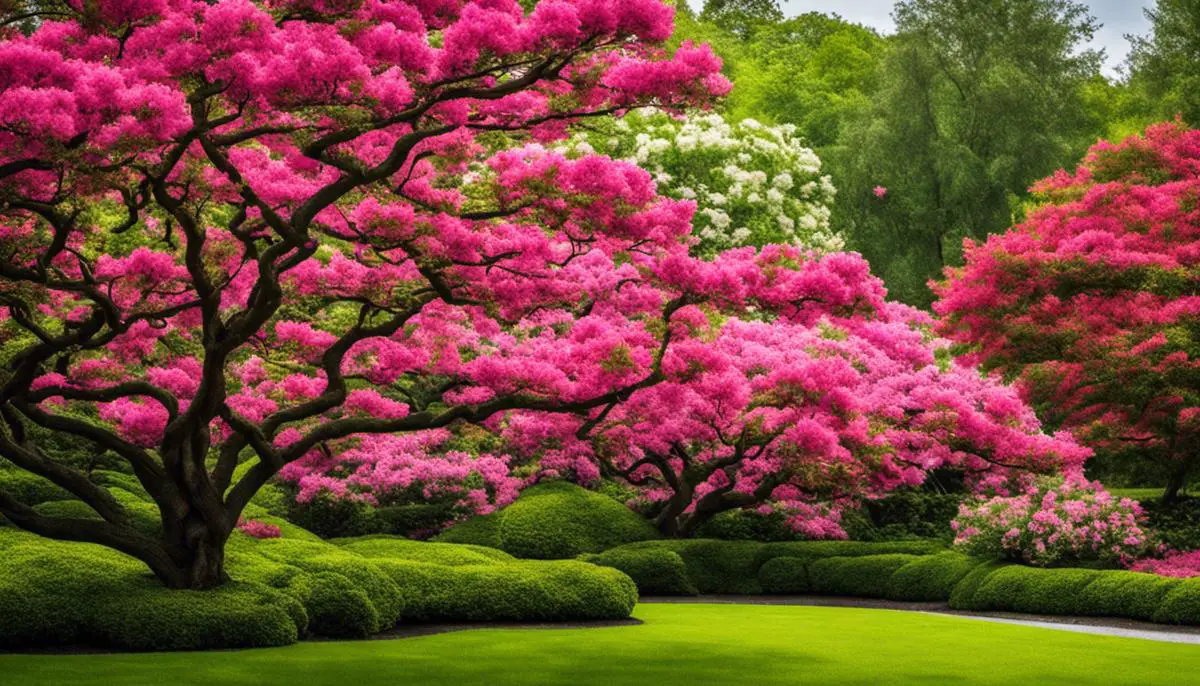 Blooming azalea trees and bushes in a garden.